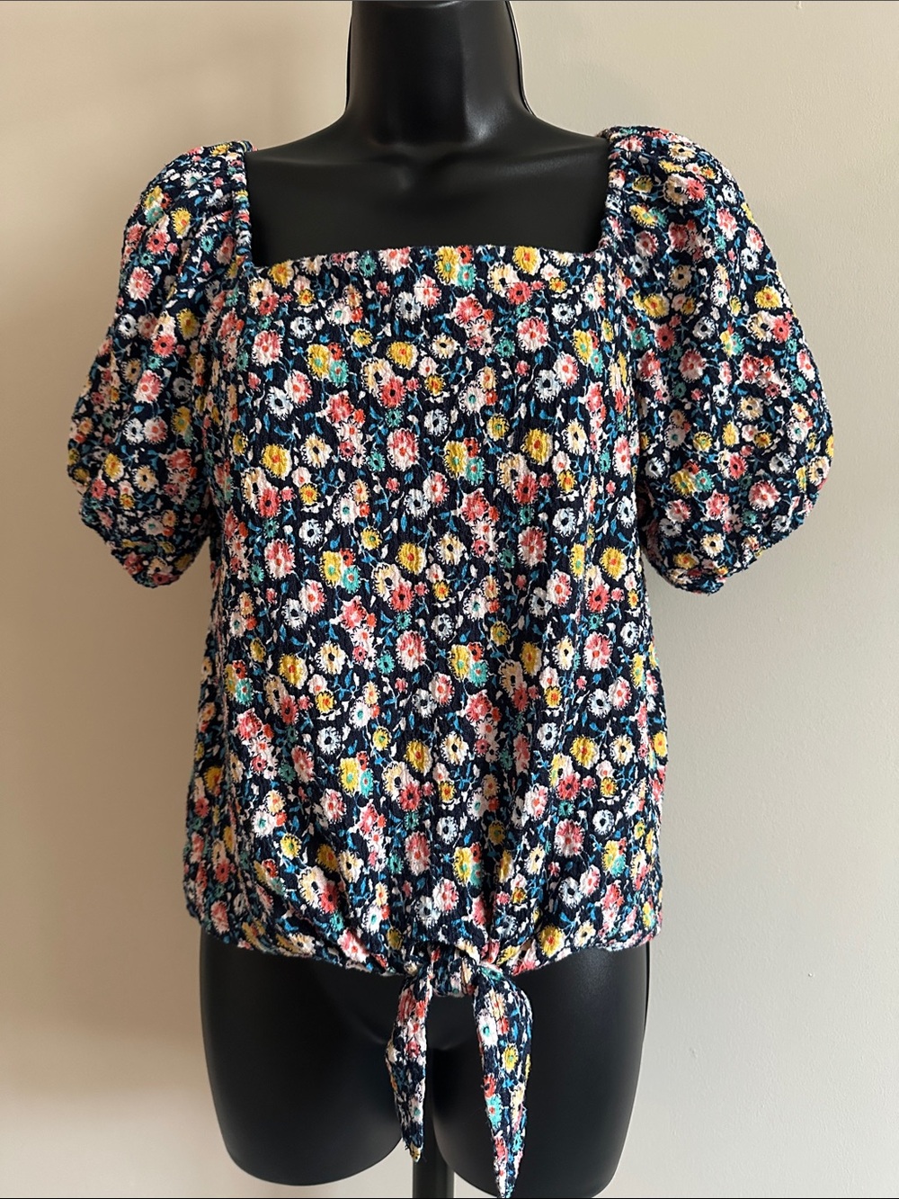 LOFT Navy Floral Puff-Sleeve Tie-Front Top